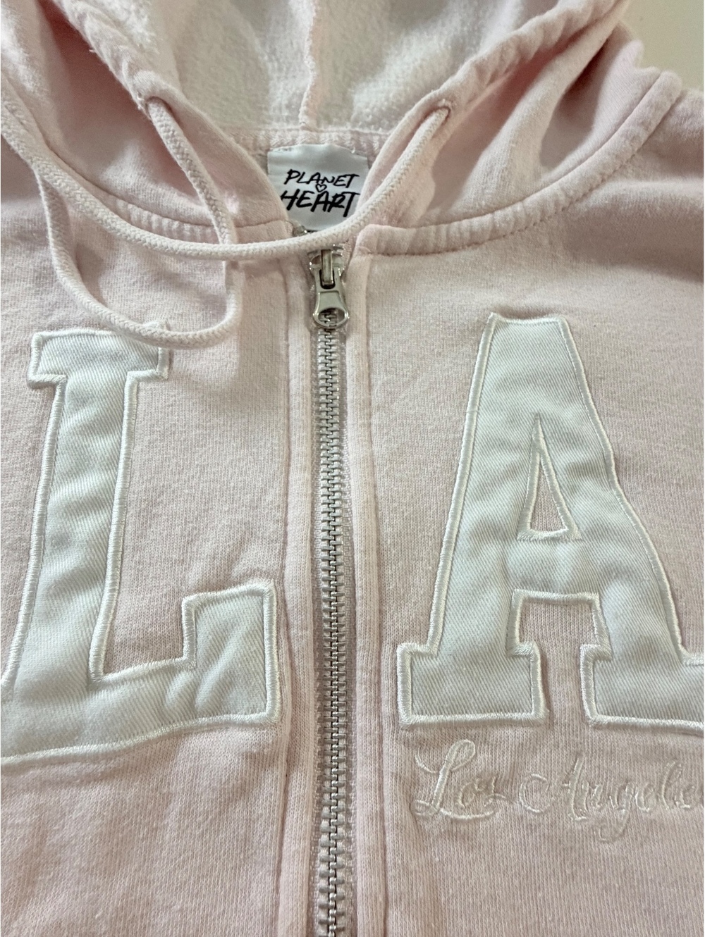 Planet Heart Pink LA Zip-Up Hoodie with Embroidered Details, Size Medium